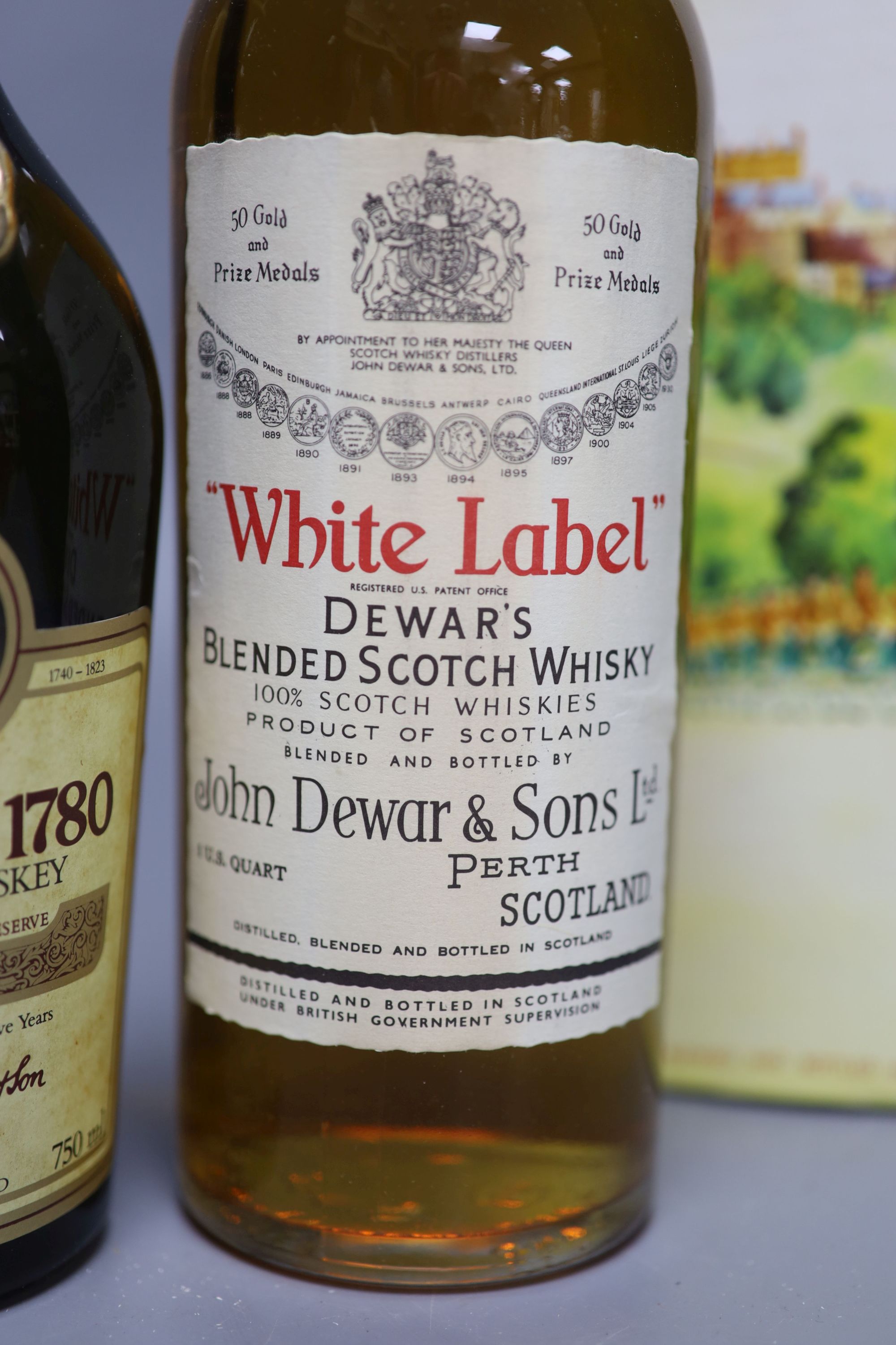 A bottle of Jamieson 1780 Old Irish Whiskey, aged 12 years, together with White Label Dewars Scotch Whisky